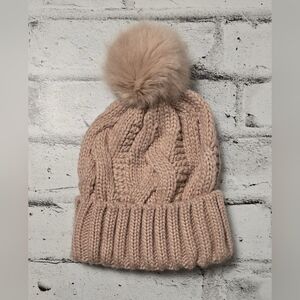 H&M Soft Pink Cable-Knit Hat with a Faux Fur Pompom and a Foldover Cuff
